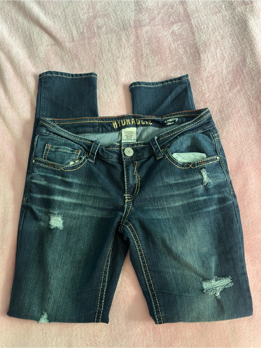 Hydraulic Bailey Dark Wash Distressed Embroidered Low Rise Skinny Jeans 11/12